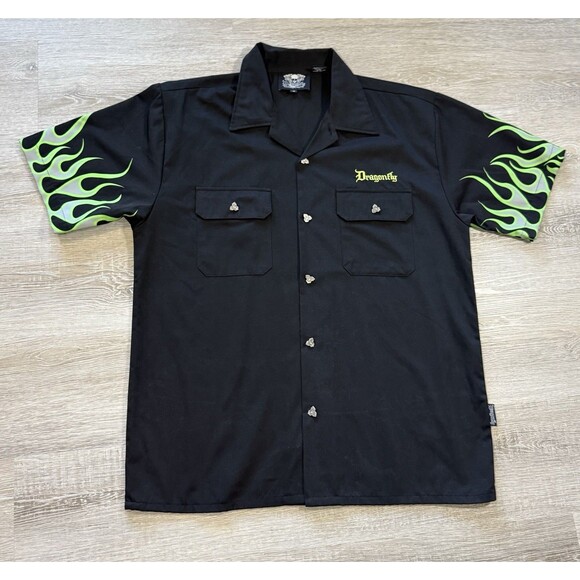 Y2K Dragonfly Button Down Shirt Size XL "RIDE HARD RIDE FREE" Skull Flames - Picture 2 of 10